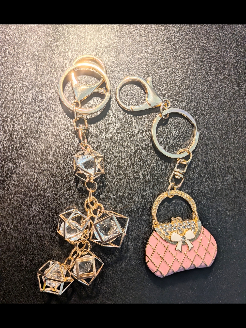 Elegant Pink Purse Charm Keychain with Gold Accents. Octagonal Charm
